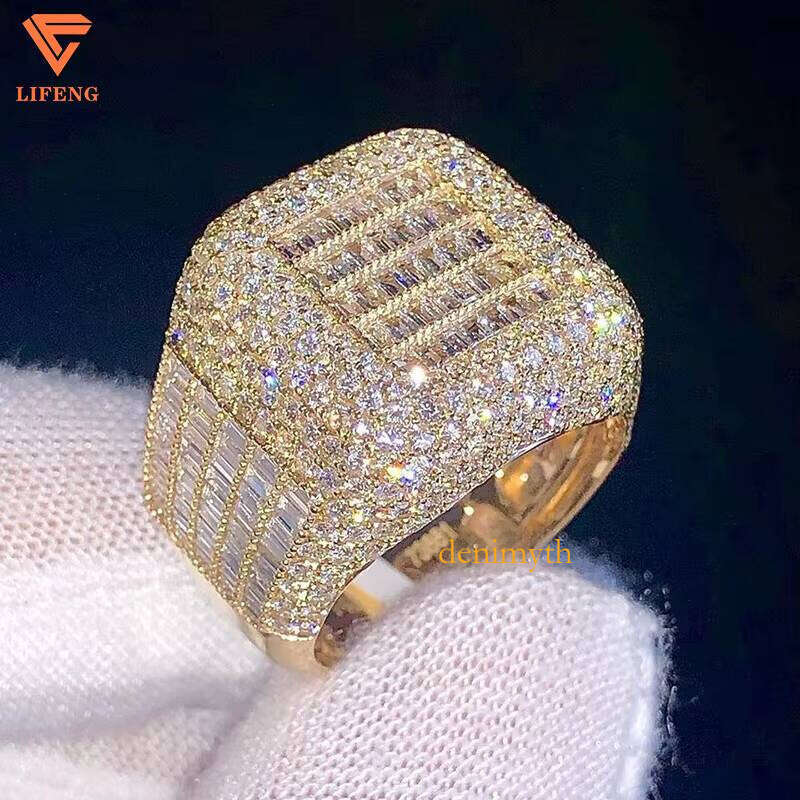 Men's Hip Hop Iced Out Moissanite Ring Sier 10K 14K White Yellow Gold Classic Style Cut Dia Inlay Parties