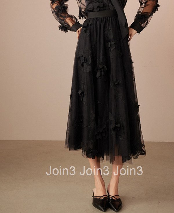 Summer New High Waist Mid-Length Skirt Versatile Lace A-Line Skirt Three-Dimensional Flower Little Black Dress 1691