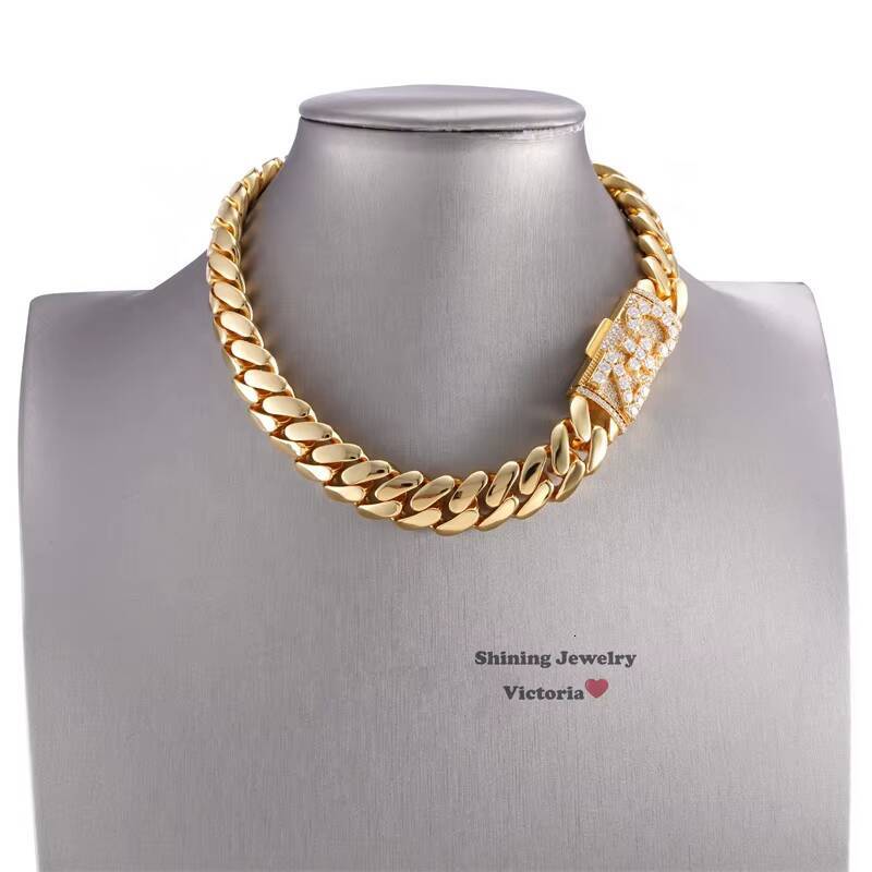 14MM 18K Gold Plated Over Sterling Silver Miami Cuban Link Hand Made Plain Cuban Chain With Iced Moissanite Name Lock