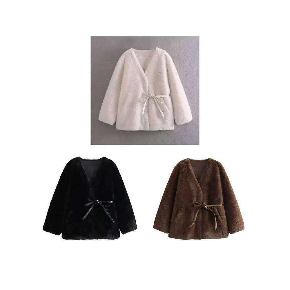 2024 Winter Imitation Mink Veet Lace-Up Waisted V-Neck Temperament Environmentally Friendly Fur Coat For Women