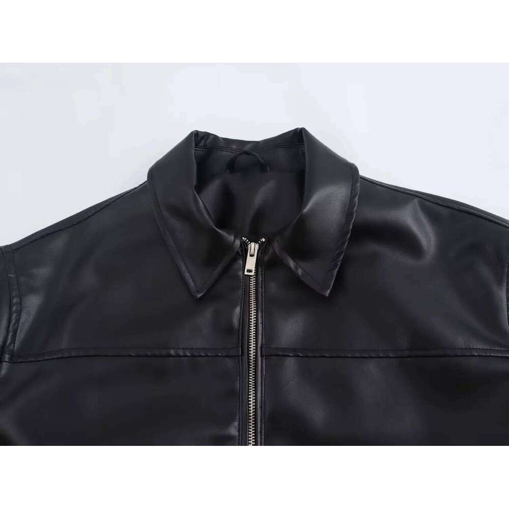 TRAFZA 2025 Autumn Winter Streetwear Faux Leather Women Jackets Fashion Vintage Spliced Zipper Turn Down Collar Chic Lady Jacket