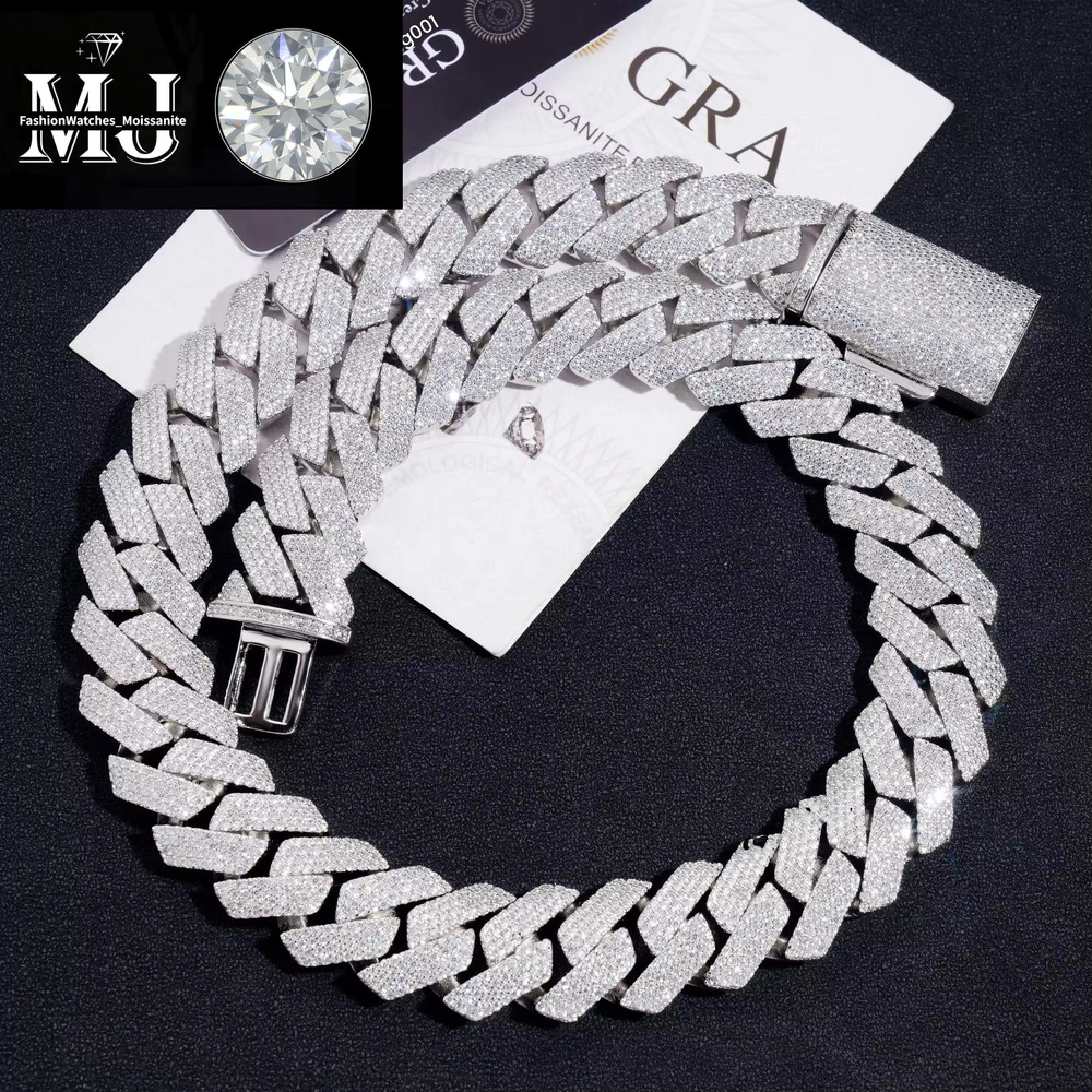 Cuban Link Necklace 3 Row Moissanite 20MM W Gold Chains for Men Prong Chocker S Personalize Iced Out Chain Hip Hop Designer Jewelry