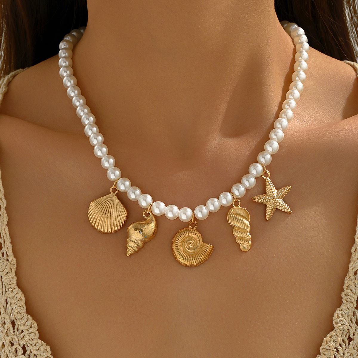 Ocean Style Alloy Shell Starfish Conch Pendant Light Niche Pearl Jewelry Necklace Jewelry for Women