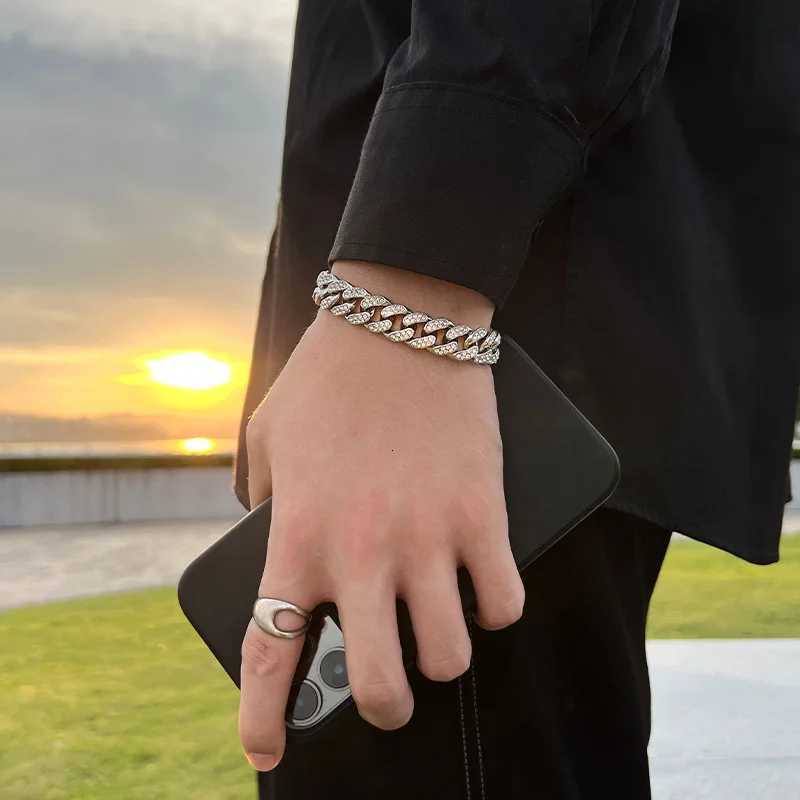 Full Crystal Stone Cuban Chain Hip Hop Bracelet For Men Silver Color Metal Link Chain Rhinestone Closure Bracelet W250728