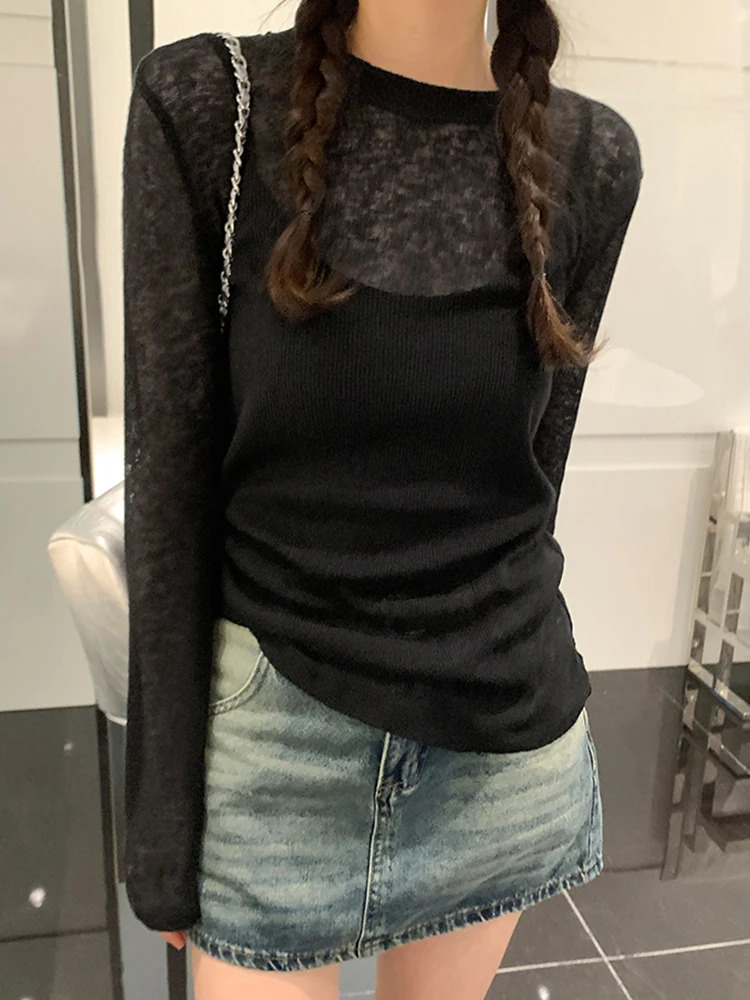 Sexy Knit Seethrough Women Tshirt Tops Solid Long Sleeve O Neck Loose Tshirts Female Casual Streetwear Base Tees 250728