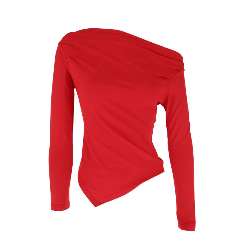 Womens Tshirt Spring Red Off Shoulder Sexy Tees Long Sleeves Warm Fashion Streetwear Pullover Asymmetrical Slim Female Tshirt 250728