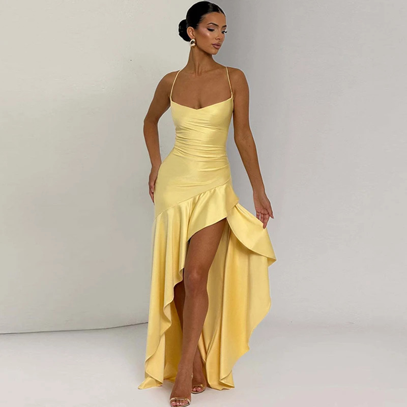 Gyu Sexy Satin Club Evening Party Dresses Summer Women Clothing Elegant Ruffle Irregular Backless Bandage Long Maxi Dress 250728