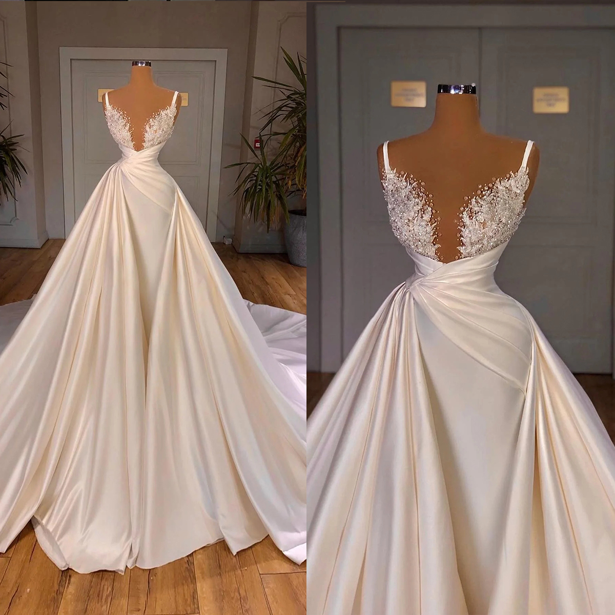 Elegant Appliques Wedding Dresses Spaghetti Straps Bridal Gowns with Overskirt Sleeveless Mermaid Customized Vestidos De Novia Plus Size