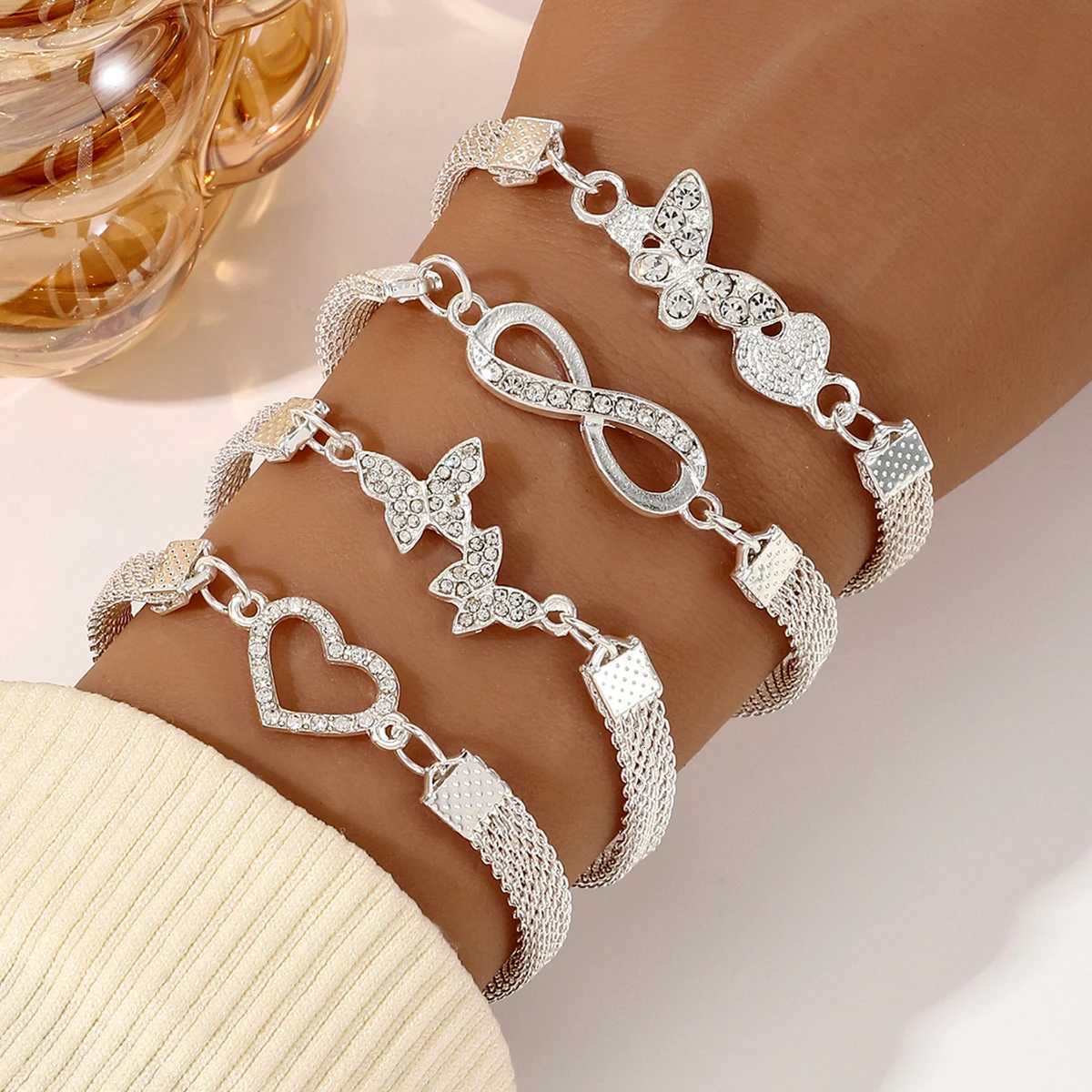 4pcs Vintage Rhinestone Infinite Symbol Butterfly Bracelet Punk Hollow Mesh Chain Bracelet for Women Elegant Charm Party Jewelry W250728