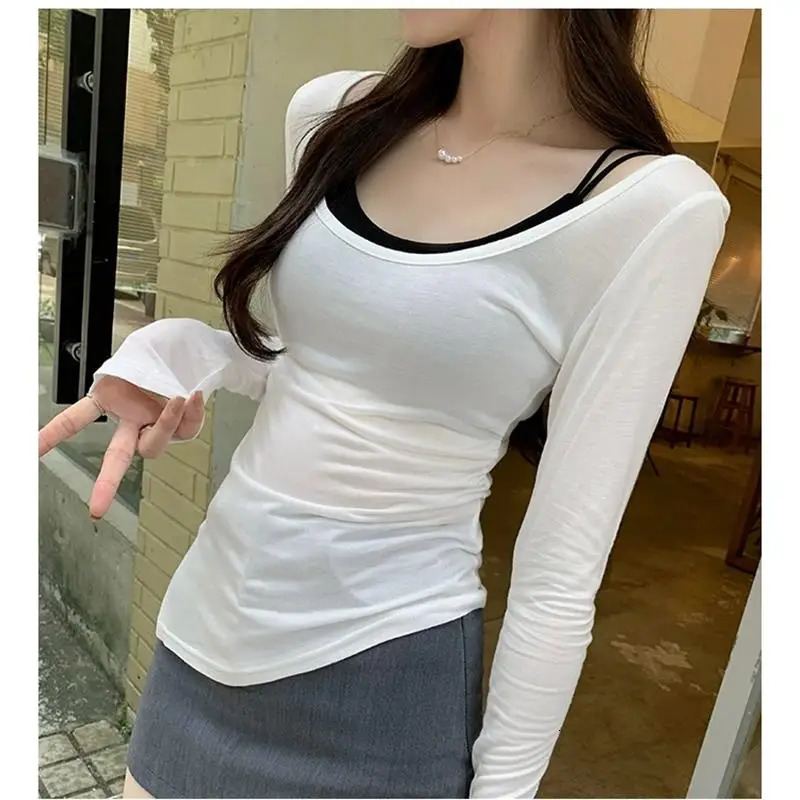 UNeck Long Sleeve TShirt Women Autumn Slim Casual Fashion Top Solid Bottom Shirts Korean Basic Off Shoulder Top 250728