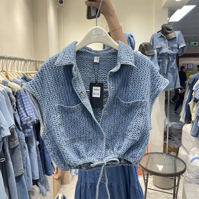 Drawstring Waistcoat Jean Jacket Jaqueta Feminina Short Sleeve Denim Coat Chaqueta Mujer Women Crop Shirt Korean Tops Y2k Vest 250728