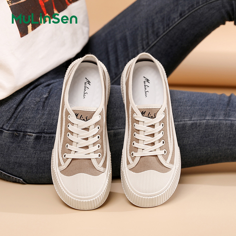 Mulinsen women's shoes summer breathable coffee-colored canvas shoes women 2025 new biscuit shoes low-top soft-soled casual shoes