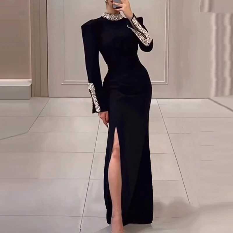 Womens Spring Long Sleeved Slim Banquet Dress Casual Rhinestone Patchwork Dresses Elegant Half High Neck Waist Wrap Hip Dress Z250728