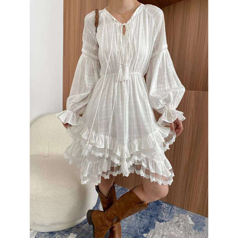 Designer Clothing 2025 Spring And Autumn Women's White Holiday Casual Solid Color V-Neck Long Sleeve Irregular Dress