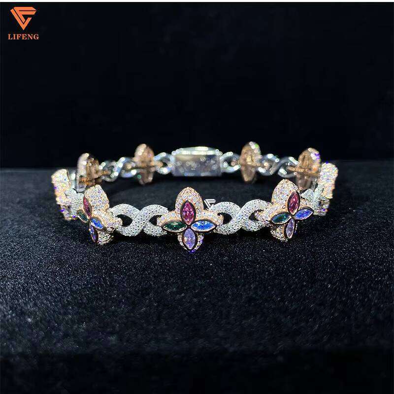 Ready to Ship Hip Hop Sterling Sier Flower Shape Colorful Dia Design Moissanite Link Chain Bracelet