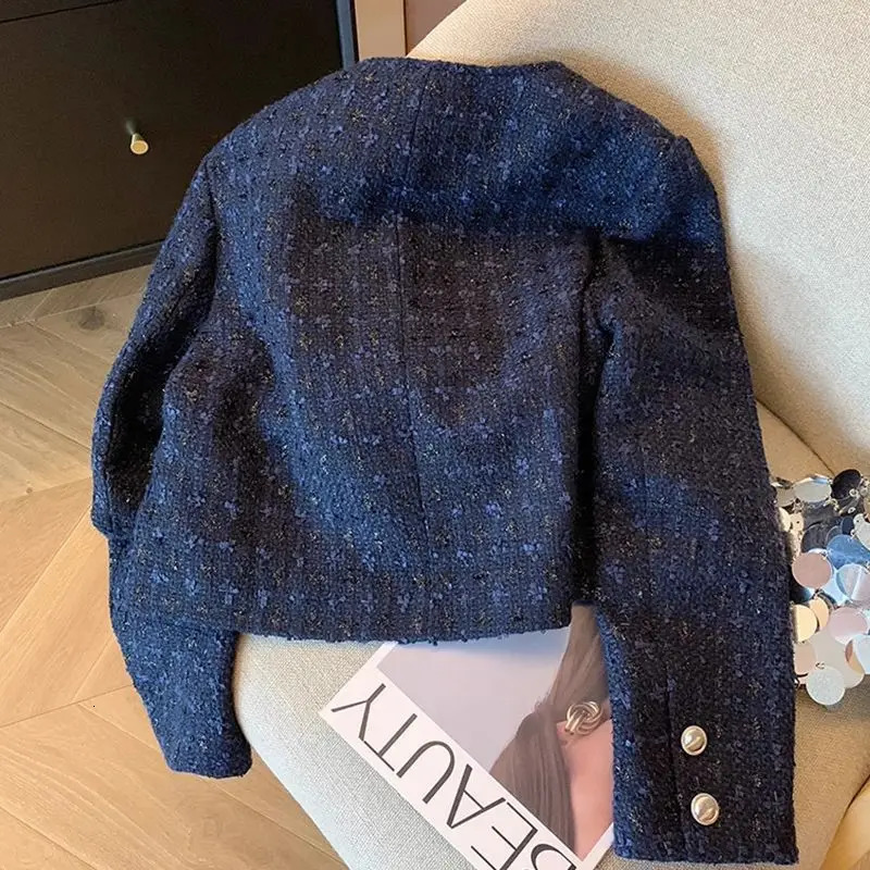 Dark Blue Tweed Short Coat Womens Autumn Fashionable Socialite Western Style Woven LongSleeved Top 250728