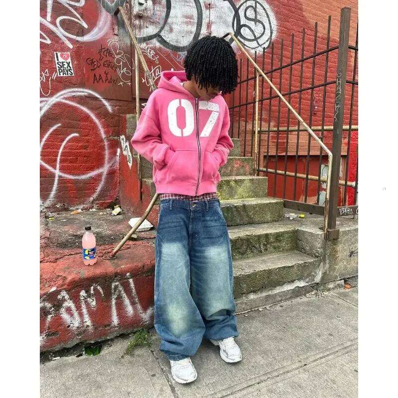 Designer Leisure High Quality American Y2k Haruku Blue Oversized Hoodie Letter Printing Zipper Sweatshirts Women Fashion Personality Hip-hop Couple Ho