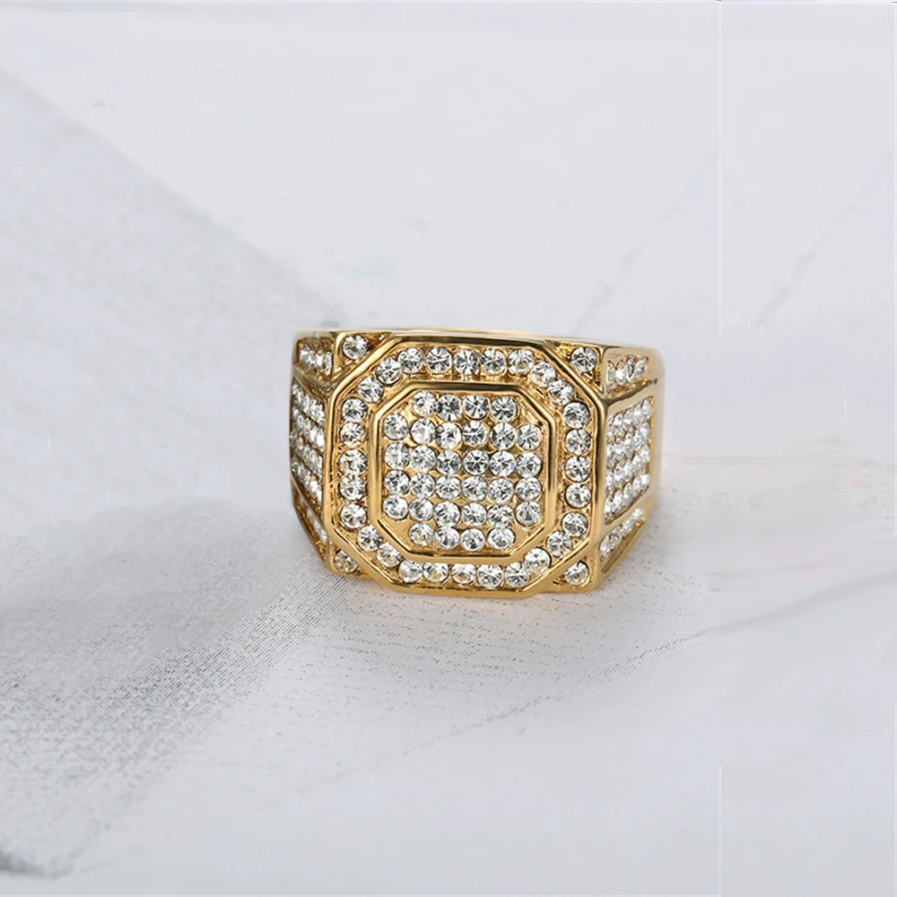 Hip Hop Iced Out Bling Square Ring Male Gold Color Stainless Steel Zircon Rapper Party Big Rings For Men Fashion Jewlery Gift 250723