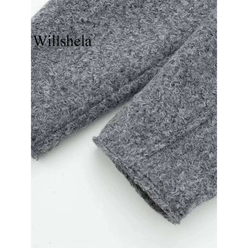 hoodie Willshela Women Fashion With Pockets Grey Front Zipper Jackets Vintage Lapel Neck Long Sleeves Female Chic Lady Outfits jacket