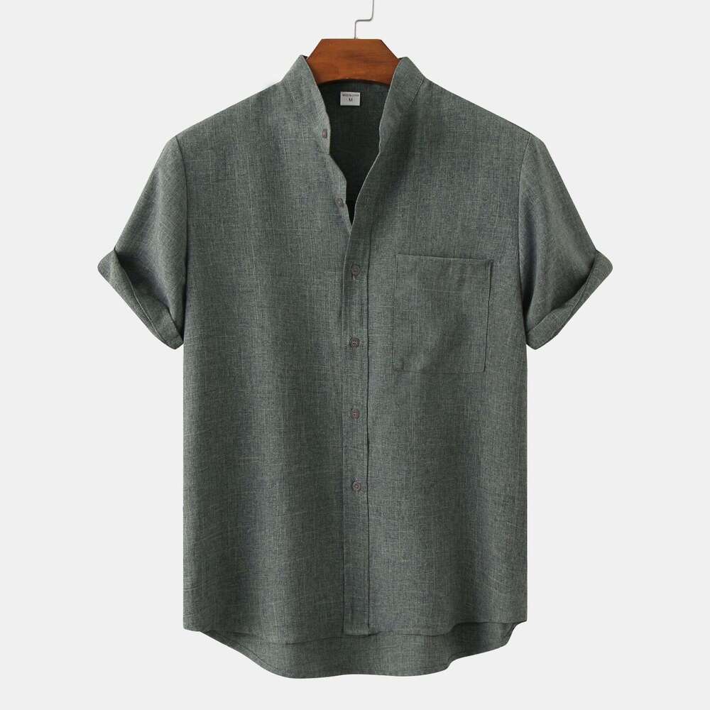 2025 Summer New Men's Short Sleeve Solid Color Cotton Linen Shirt