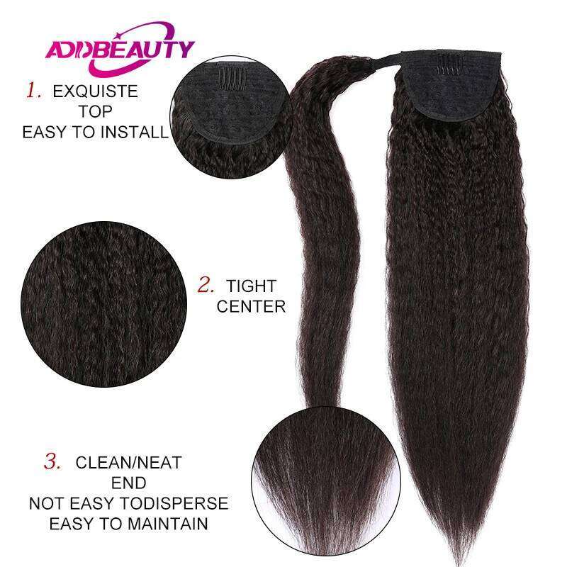 Yaki Straight Clip in Remy Hair Extension Drawstring Ponytail Wrap Around Women Human Hairpiece Style