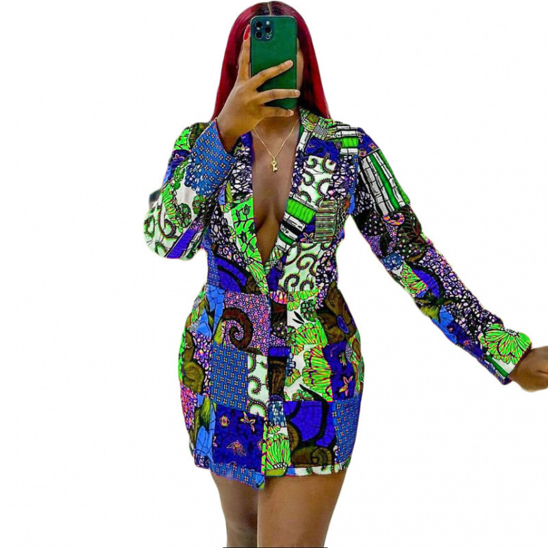 Elegant Ethnic Style Suit Collar Printed Long Sleeve Plus Size Dress 240729