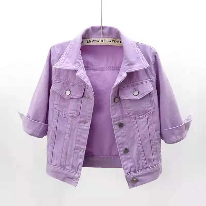 Spring Summer Women Denim Jacket Tops Pink Color Solid Short Multicolor Feminino Three Quarter Sleeve Jean Jacket Size S-5XL 250728