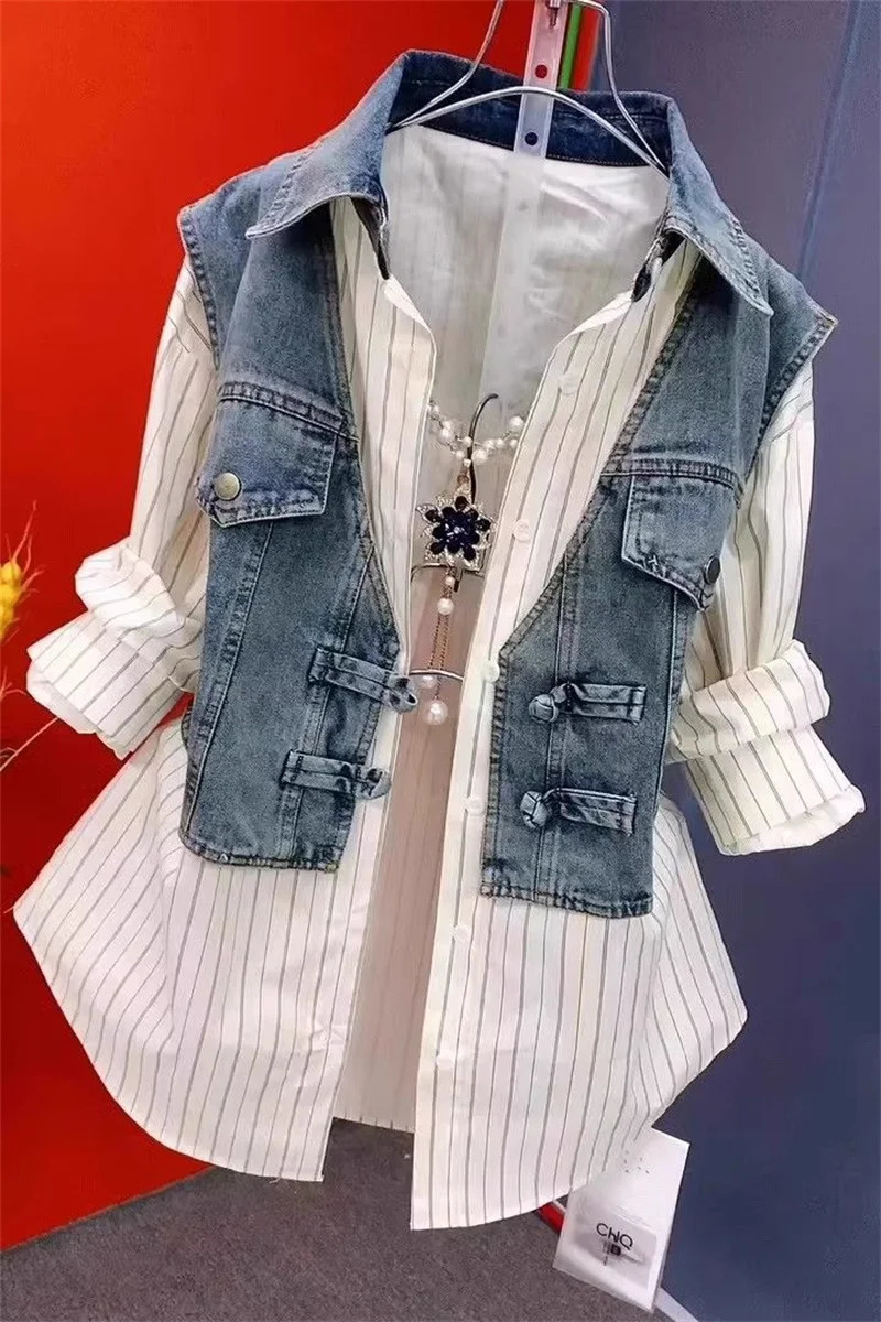 Cow Vest Patchwork Summer Shirt Fake Two-Piece Shirt Womens Cow VPolo Collar Denim Jacket Autumn Button Spring Shirt Lady 250728
