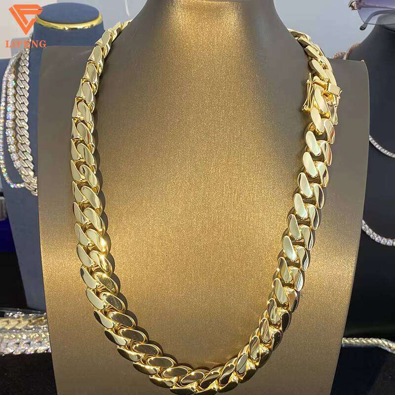 20MM Solid Sterling Sier Cuban Link Plain Miami Hip Hop Men's Chain Yellow Gold Plating Featuring Dias Pearls