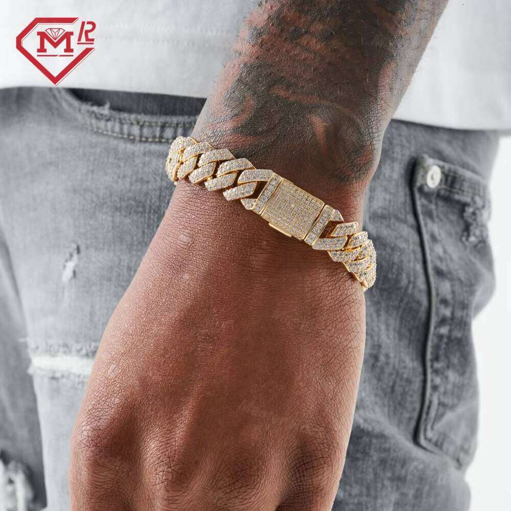 China Factory Custom Mens Hip Hop for Rapper 14mm 2rows Real Solid S Sier Moissanite Bracelet Men