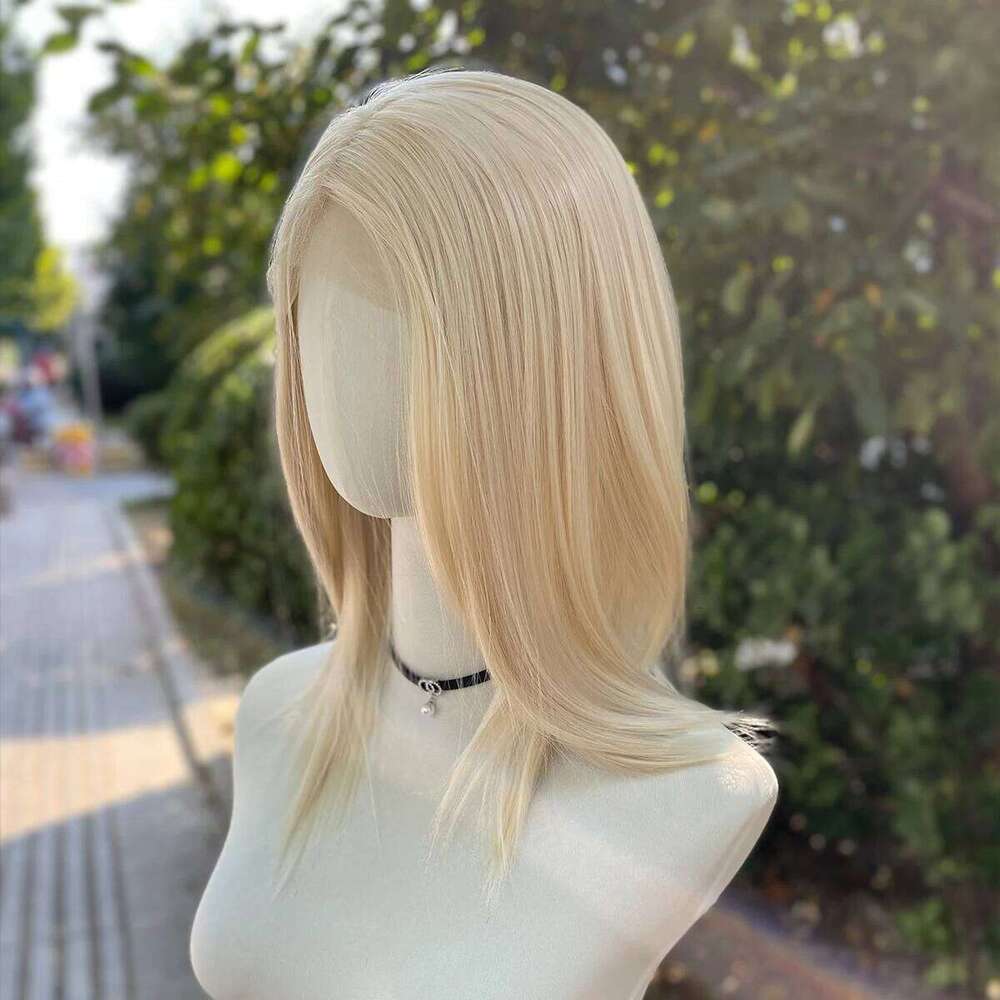 Light Blonde Shoulder Length Lace Front For Women Human Hair Glueless Middle Part Synthetic Wigs 150% Density Natural