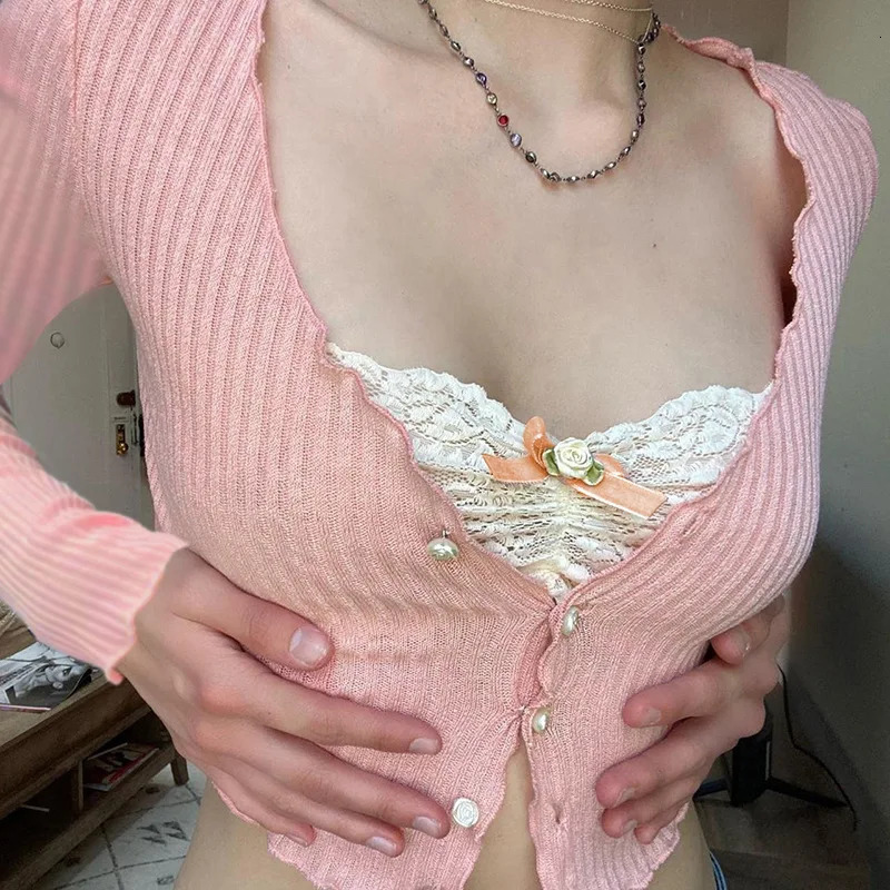 Sexy Tees Women Spring Pink VNeck Lace Long Sleeves Top Streetwear Fashion Button Elegant Casual Slim Female Tshirt 250728