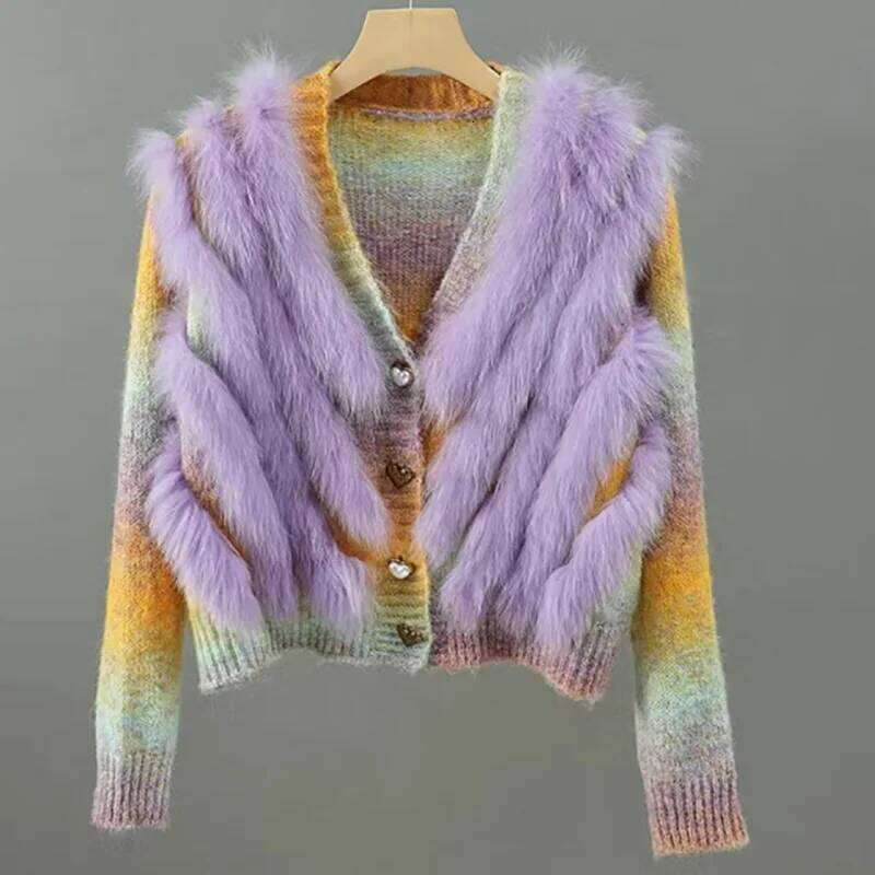 2024 New Autumn Knitted Sweater Cardigan With Real Fox Short Female V-Neck Natural Fur Stripe Cardigans Outwear