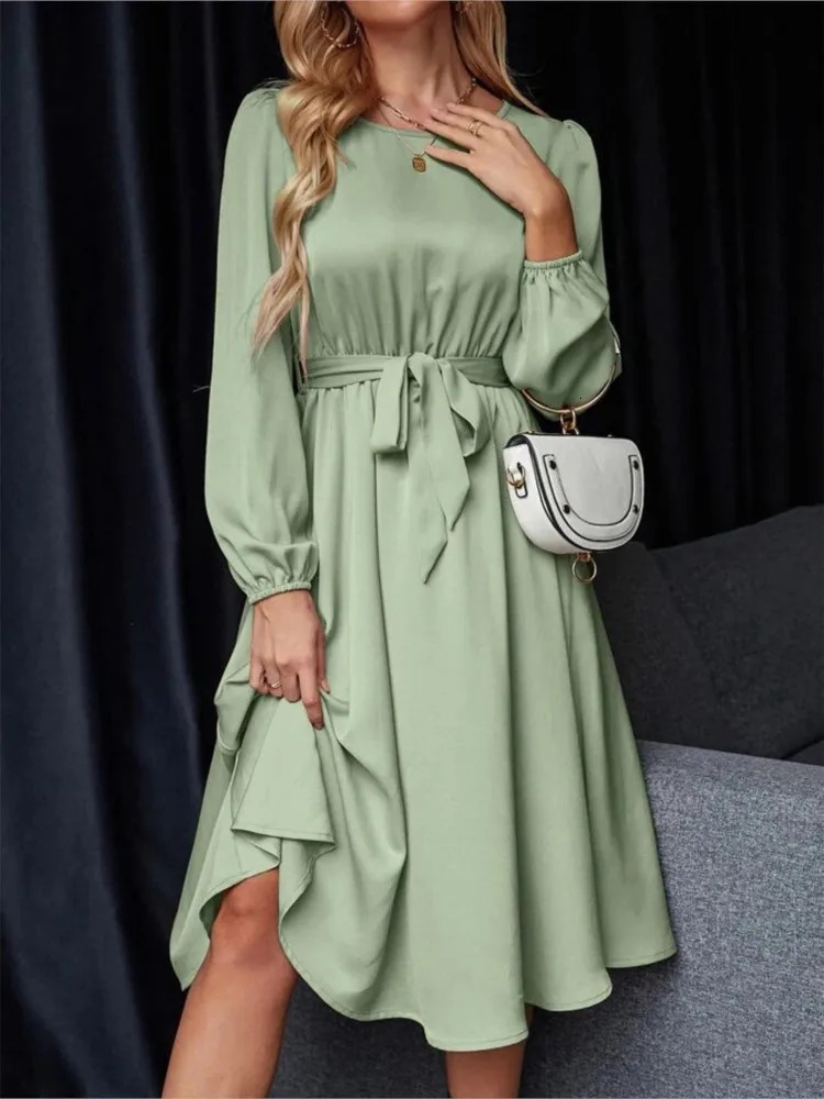 Summer Womens Fashion Lantern Sleeves Keyhole Back Lace Up Waist Satin Round Neck Long Sleeve Medium Length Dress 250728