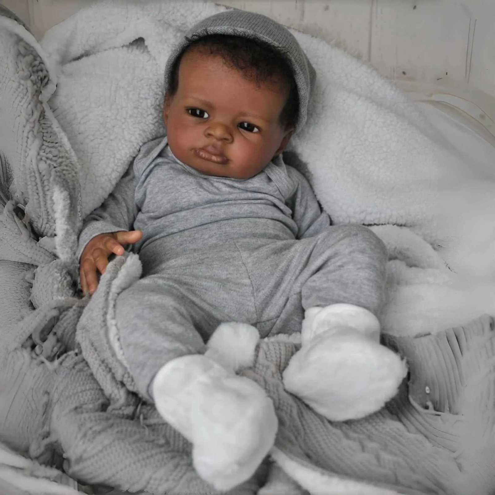 19inch Dark Skin Lanny Reborn Baby Dolls Handmade Painted African Reborn Baby With Rooted Hair Doll Toys Dolls For Girls W250728