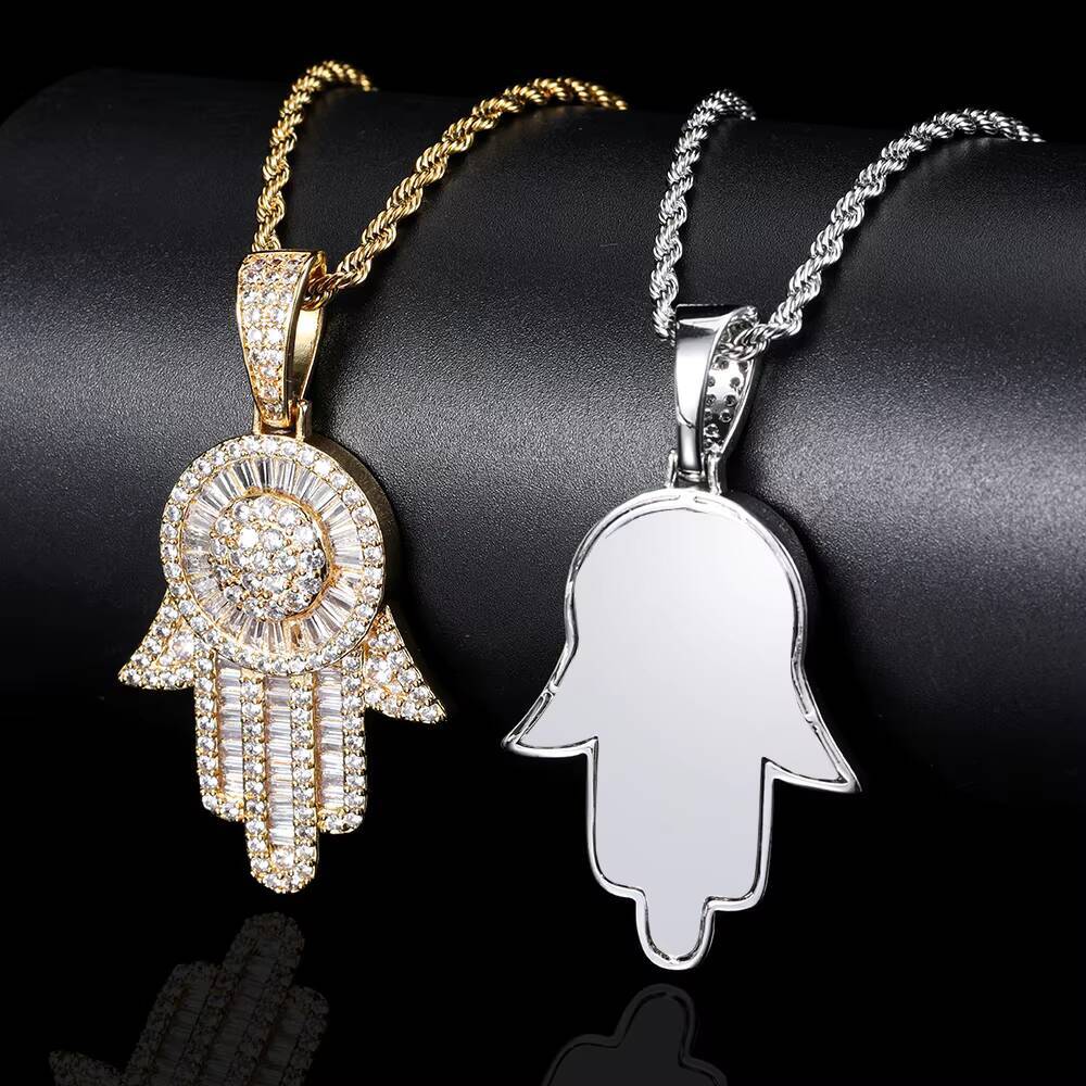 High Quality Hip Hop Jewelry CZ Iced Out Diamond Hand of Fatima Hamsa Pendant Necklace