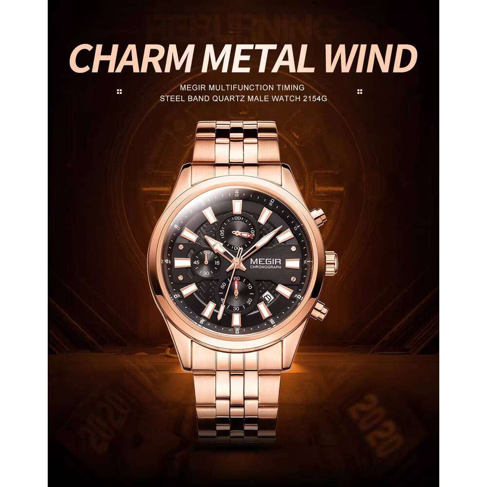 MEGIR Men's Luxury Chronograph Watch - Stainless Steel, Waterproof, Luminous, 44mm - Business Style Watch