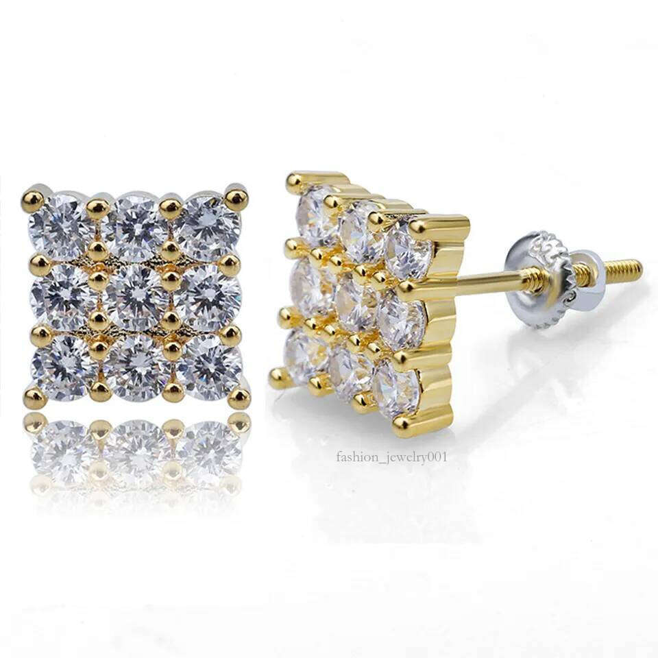 Gold Plated Hip Hop Cubic Zirconia Square Stud Earrings for Men Women Iced Out Dia Earring Studs Ear Piercing Punk Rock Rapper Jewelry Wholesale