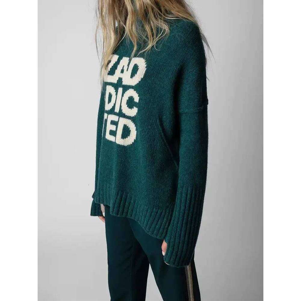 100% Wool Women Letter Print Long Sleeve Cuffs Slit Jumper Sweater Spring New