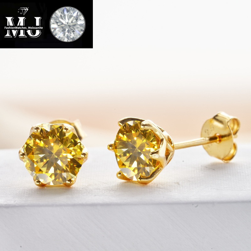 Fashion Sterg Sier Gold Plated Passed Test 1ct Yellow Moissanite Heart Earrings Studs for Men Women