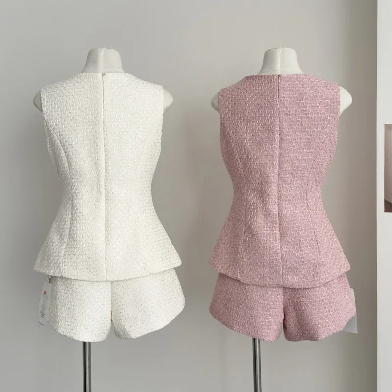 igh Quality Female Tweed Sleeveless Vest Top High Waist Shorts Set Women French Slim Summer Sweet Girl Lady Two Piece Outfits 250728