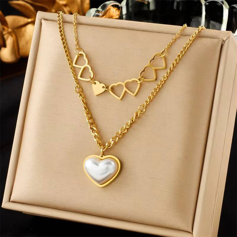 Trendy Stainless Steel 18k Gold Layered Pearl Shell Zircon Heart Butterfly Charm Pendant Necklace Women Evil Eyes Moon Necklace
