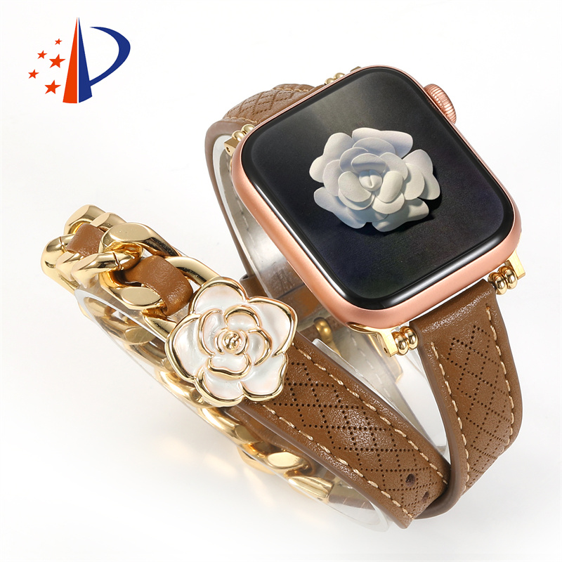Designer camellia flower genuine leather Apple Watch Band Straps For AppleWatch 49mm 46mm 45mm 44mm 42mm 41mm fashion Watchband iWatch Series 10 9 8 7