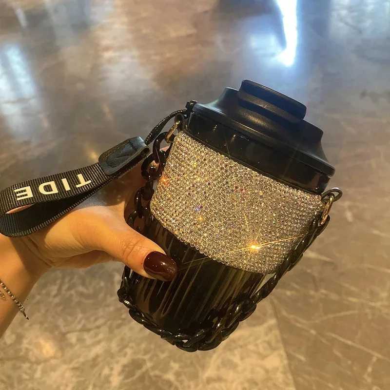 Chain Carry Straight Drink Coffee Cup Rhinestone PC/PP Portable Eco Friendly Non-slip Reusable Mug Outdoor Travel Water Bottle XJ250728