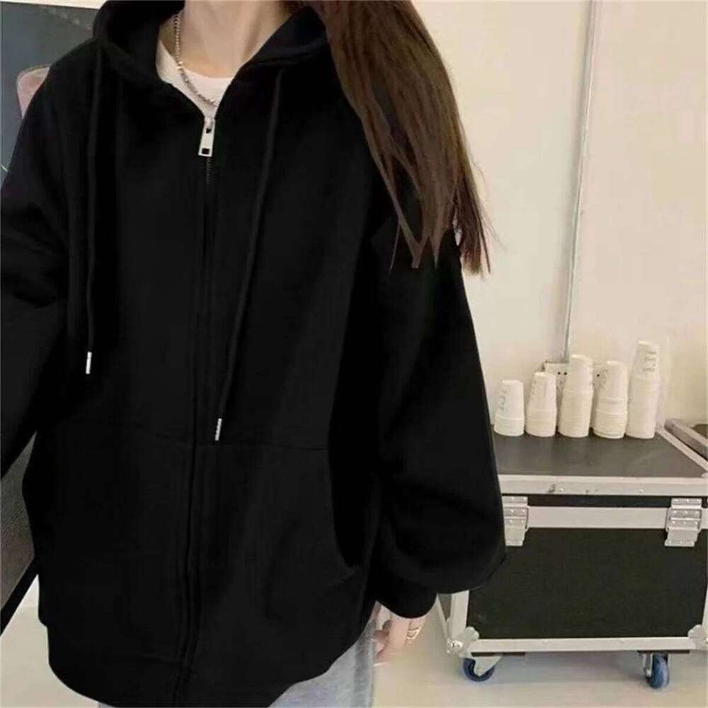 Women Loose Hooded Sweatshirt Jacket 2025 Spring Fall Solid Zipper Long Sleeve Coat Oversize Vintage Korean Hoodies Casual Wear