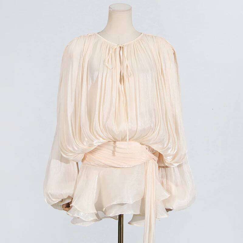 Designer Clothing 2025 TWOTWINSTYLE Solid Spliced Lace Up Loose Dresses For Women O Neck Long Sleeve High Waist Temperament Dress Female Fashion New