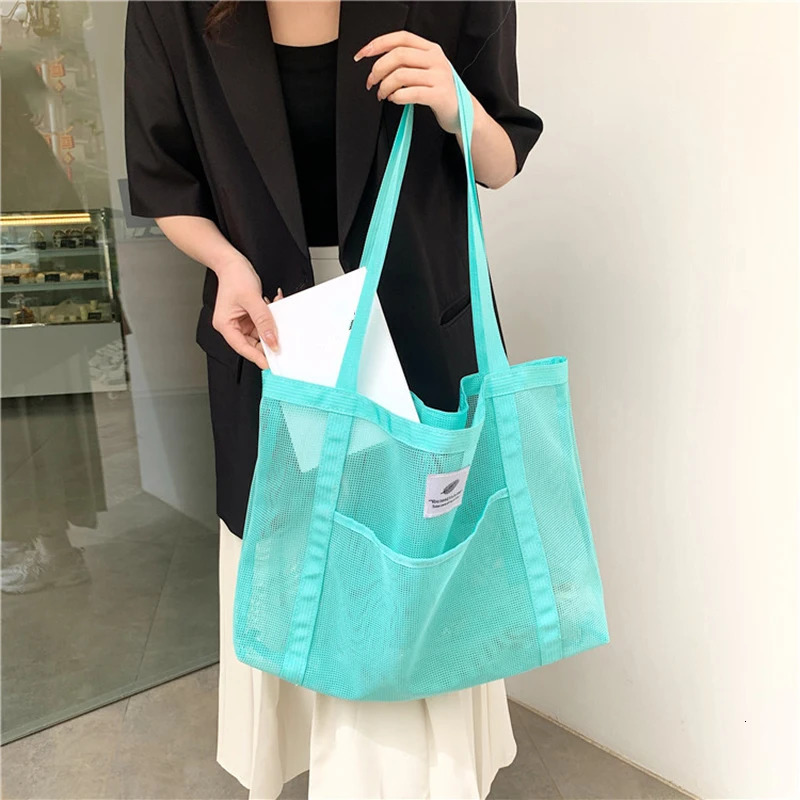 Women Transparent Mesh Shoulder Bag Fashionable Portable Shopping Travel Beach Mesh Net Tote Handbag 250723