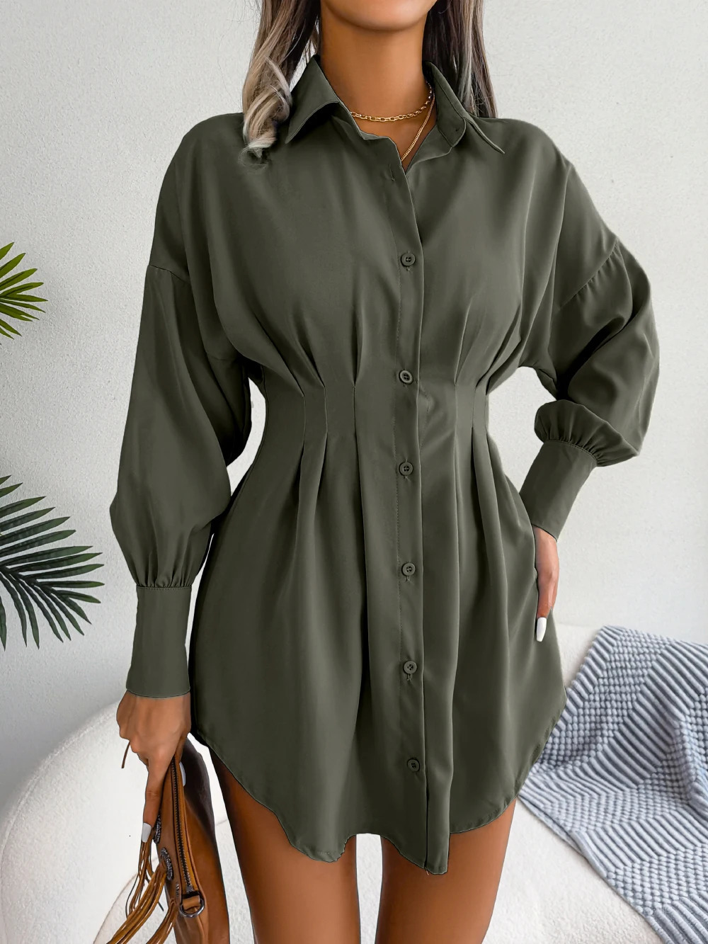 Women Casual Buttons Long Sleeve Shirt Dress Autumn Clothing White Blue Army Green 250728