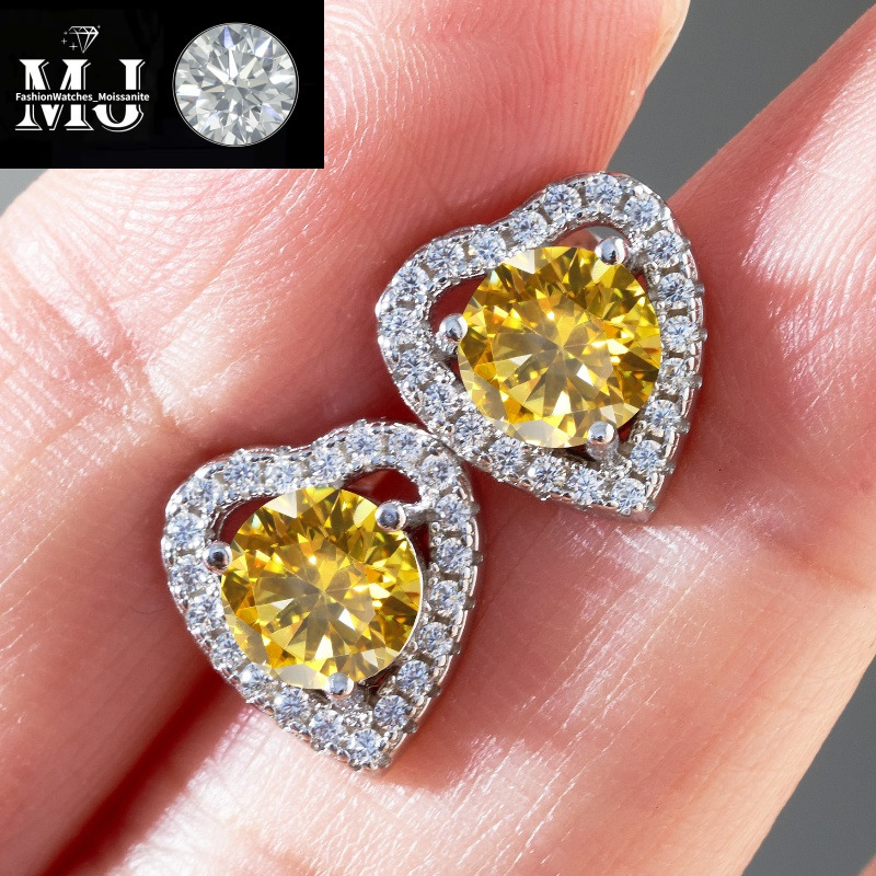 Fashion Sterg Sier Gold Plated Passed Test 1ct Yellow Moissanite Heart Earrings Studs for Men Women