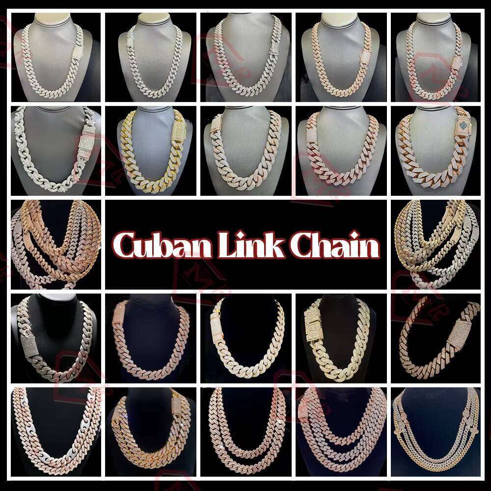 Hip Hop 8mm 10mm 12mm Iced Out Sterling Sier 2 Row Prong Setting Cuban Chain Moissanite